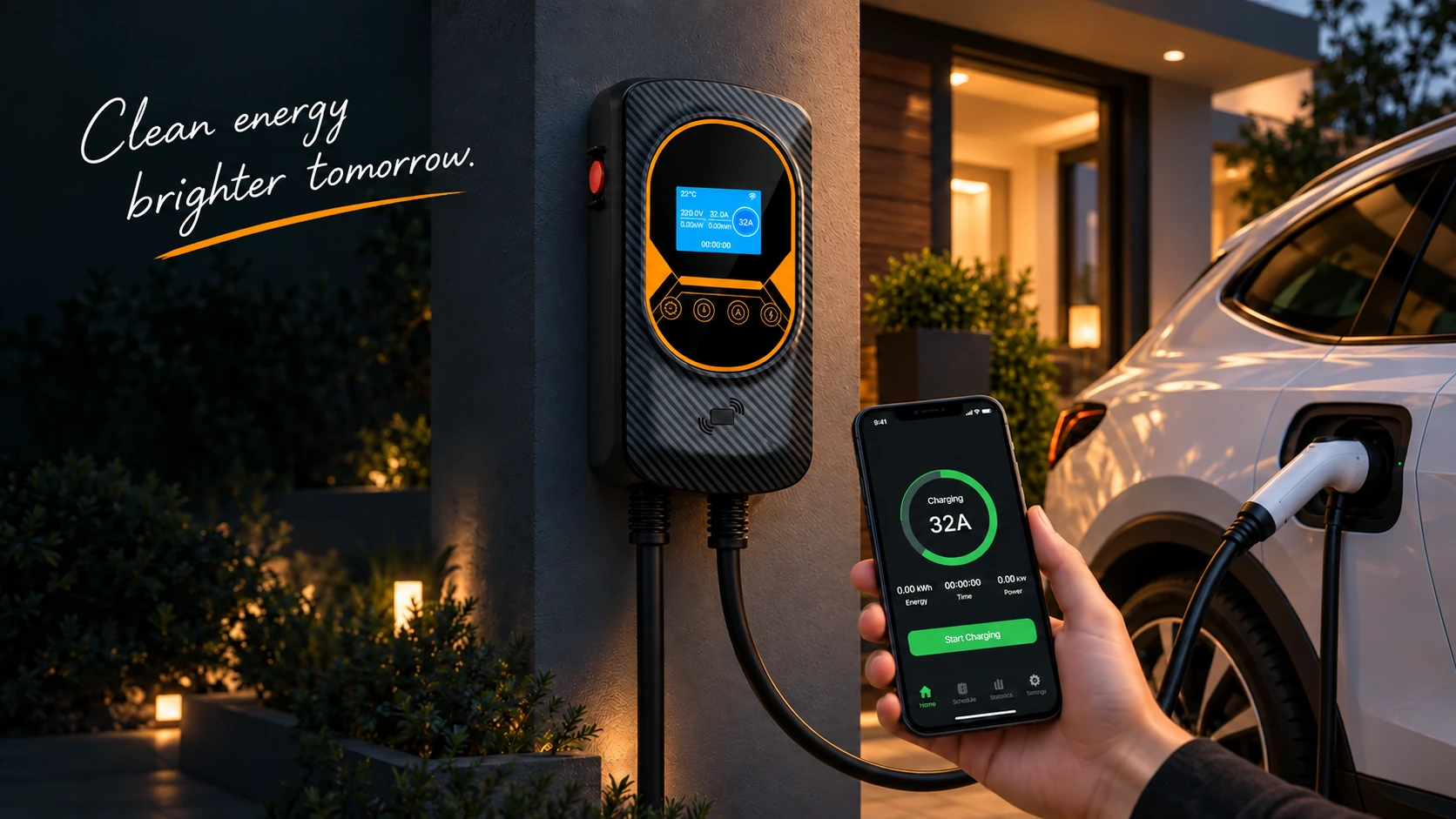 Home EV charger installed beside a vehicle